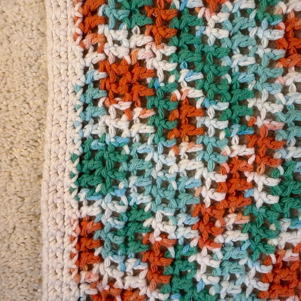 Handmade Crocheted Baby Blanket Knit‎ Throw Orange Green White Kids Nursery